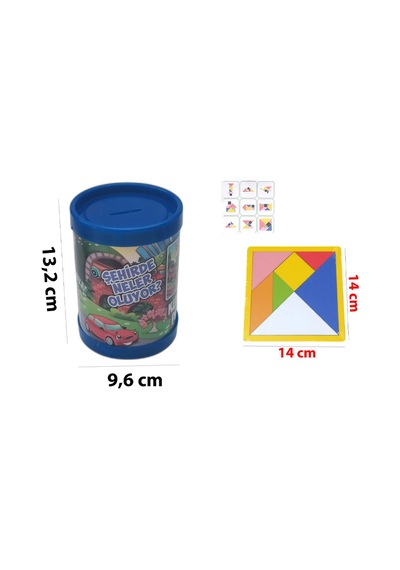 7 Parça Kalın Ahşap Ortaboy Tangram + 90 Parça Yapbozlu Kumbara Puzzle