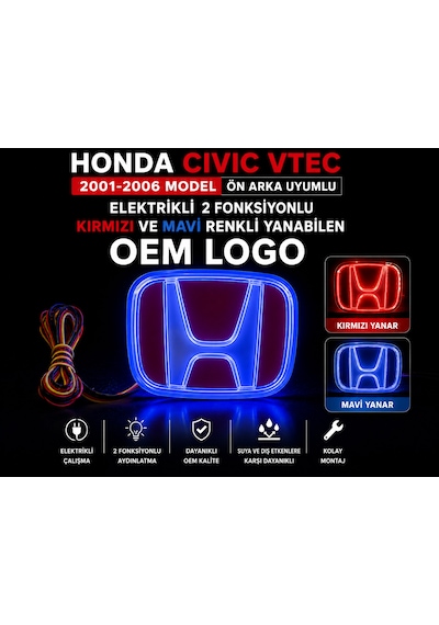 Honda Cıvıc Vtec 2001-2006 Model Uyumlu Elektrikli Oem Logo Ön Arka Uyumlu 0