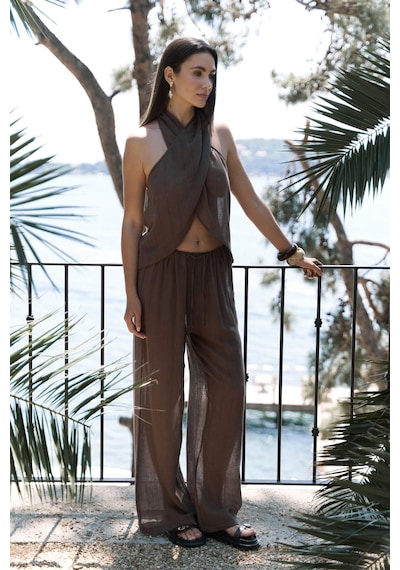 Mai Collection Mai Studios Co. Cadhas Boyundan Bağlamalı Kahve Crop Pantolon Takım Kahve