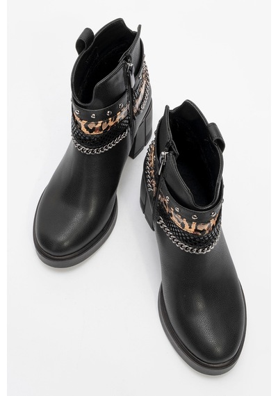 Luvishoes Luvi Shoes Boliva Siyah Kemerli Zincirli Kadın Kalın Topuklu Bot Siyah