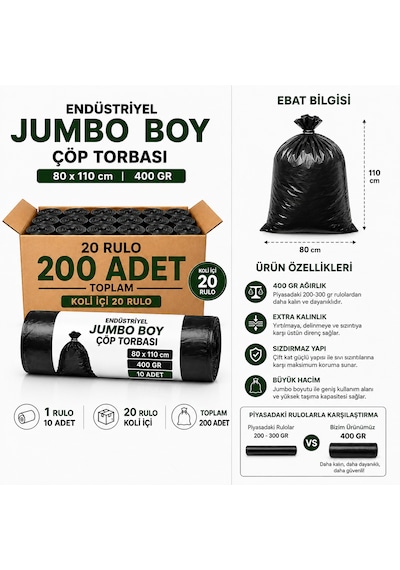 Endüstriyel Jumbo Boy Çöp Torbası 80x110 Cm 400 Gr 20 Rulo 200 Adet Ekstra Kalın Siyah Çöp Poşeti