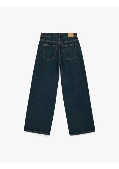 Koton Rahat Kalıp Düz Paça Düğmeli Cepli Denim Pantolon - Loose Straight Fit Jean Koyu İndigo 6sal40099md İndigo
