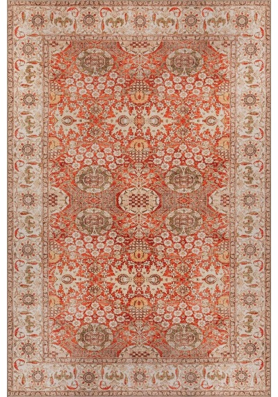 Artloop Relic Kırmızı Bej Vintage Çiçekli Klasik Desenli Dokuma Tabanlı Şönil Halı Al 553 Kırmızı-bej