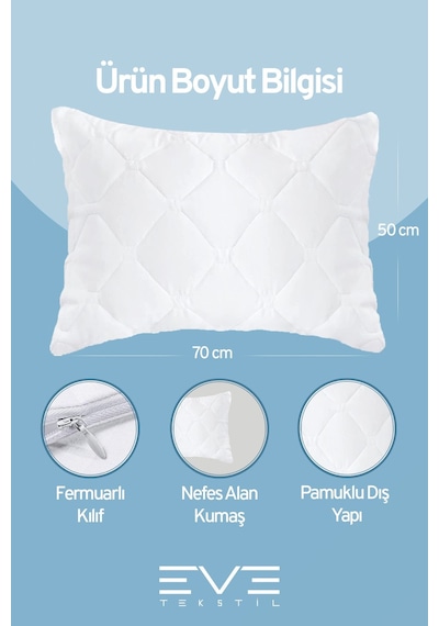 Eve Tekstil Antialerjik Vakumlu Fermuarlı Yıkanabilir Diamon Plus Kapitone Yastık 50x70 Cm 800 Gr Beyaz