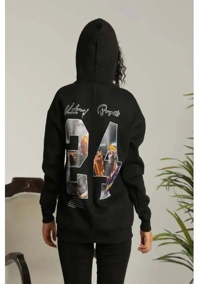 Baskılı Oversize Üç İplik Kapüşonlu Sweatshirt - Siyah