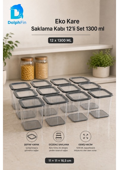 Kare Saklama Kabı 12'li Set 1300 Ml Siyah