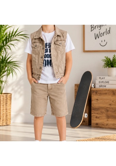 Candar Denim Kumaş Ve Tişörtlü Çocuk Takımı 5-12 Yaş Bej