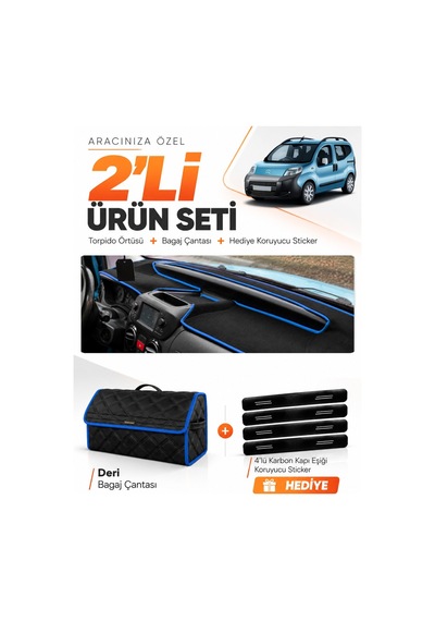 Cıtroen Nemo 2007-2020 Uyumlu Torpido Örtüsü + Deri Bagaj Çantası + Sticker Seti - Siyah Mavi