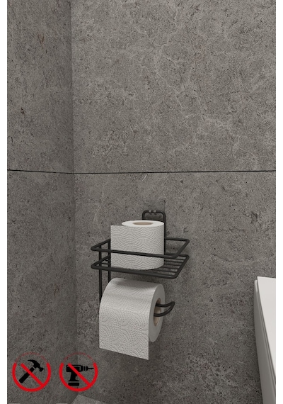 Alper Banyo Siyah Güçlü Yapışkanlı Yedek Raflı Tuvalet Kağıtlığı Tuvalet Kağıdı Askısı