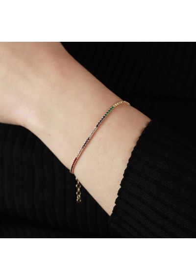 Rainbow Zirkon Taşlı Rose Gold Kaplama Gümüş Su Yolu Bileklik Gümüş