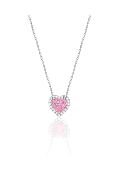 Gümüş Rodyumlu Pembe Zirkon Taşlı Pırlanta Modeli Kalp Kolye St068