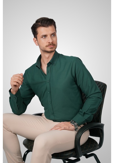 Koyu Yeşil Yaka Düğmeli Premium Şamre Slimfit Erkek Gömlek Koyu Yeşil