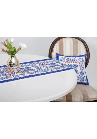 Çini Baskılı Kumaş Kreme Mavi Kırlent Kılıfı 45x45 Cm Ikili - 1436 45 x 45