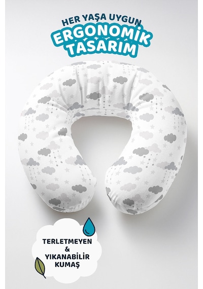 Bulut Desenli Ergonomik Boyun Yastığı - Gri Tonlarda Yıldızlı Yumuşak Seyahat Yastığı Canlı Bakır