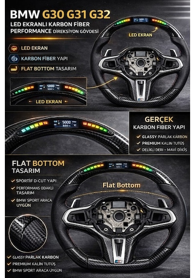 Bmw G30 G31 Karbon Spor Direksiyon Gövdesi Isıtmalı Led Ekranlı Obd Dahil Airbag Paddle Tuş Hariç Siyah