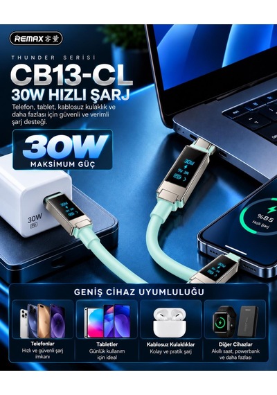 Remax Cb13-cl Thunder Serisi 30w Oled Ekranlı Bluetooth App Kontrollü Type-c To Lightning Hızlı Şarj Ve Data Kablosu 1.2 Metre Buz Mavisi