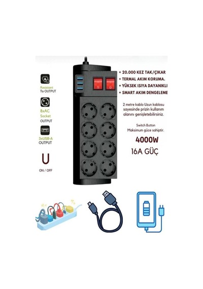 4000w, 16a, Akım Korumalı Priz 8xpriz, 3xusb, 2mt Kablo, Çoklayıcı Diğer
