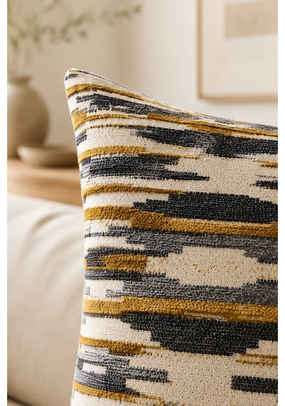 Fuly Consept Geometrik Desenli Dokulu Kırlent Kılıfı 43x43 Cm Hardal Gri Sarı