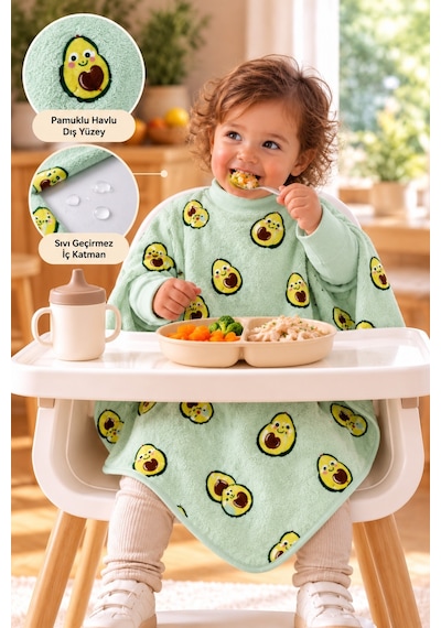 Reyo 6 Ay-6 Yaş Uzun Kollu Bebek Mama Önlüğü, Çocuk Aktivite Önlüğü, Pamuklu,su Geçirmez - Avocado Avokado