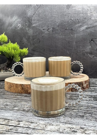 3 Lü Cam Boncuk Kulplu Bardak Kupa Çay Kahve Meşrubat Bardağı 325ml Beyaz - Çok Renkli