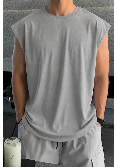 Cool Tarz Erkek Oversize Kolsuz Tişört %100 Pamuk Süprem Basic Bisiklet Yaka Gri Gri
