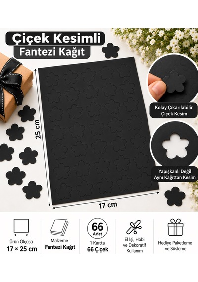 Hazır Kesim Kağıt Çiçek Desen 66 Adet Siyah Fantezi Kağıt Süs, Hediye Paketleme, Dekorasyon Ve Hobi