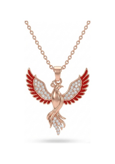 925 Ayar Gümüş Zümrüdüanka Kuşu Kolye - Rose Gold Kaplama Kırmızı Mineli Kadın Kolye Rzn10364 Gümüş