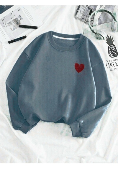 Kırmızı Minimal Kalp Baskılı Sweatshirt - Füme Kalın Kışlık Bisiklet Yaka Füme