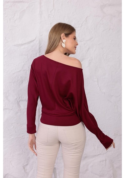 Ckm Moda Luna Yarasa Kol Bel Büzgü Detaylı Bluz Bordo