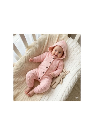 Babysena Kapüşonlu Örgü Kız Bebek Tulum Pembe
