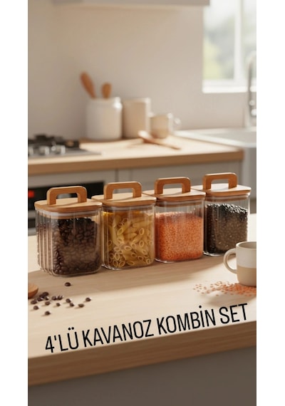 Akasya Kapaklı 4 Lü Kare Cam Saklama Kavanoz Seti Mien 4'lü Kare, 1100 Ml Akasya Kapaklı, Kulplu Kavanoz Seti Kahverengi - Şeffaf