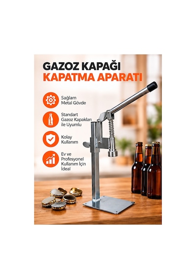 Gazzel Şişe Kapatma Aleti Gazoz Soda Şişesi Taç Kapak Makinası + 500 Adet Gazoz Kapağı Açık Gri