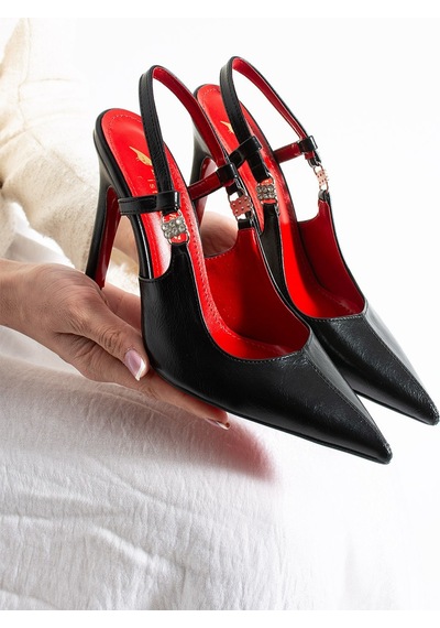 Lebibe Shoes Velmora Kadın Siyah Sivri Burun Slingback 11 Cm İnce Topuk Taş Aksesuar Detaylı Ayakkabı