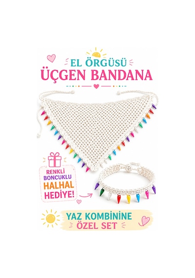 Kadın El Örgüsü Üçgen Bandana Halhal Ayak Bilekliği Hediyeli Bohem Yazlık Saç Bandanası Plaj Tatil Festival Aksesuarı Beyaz