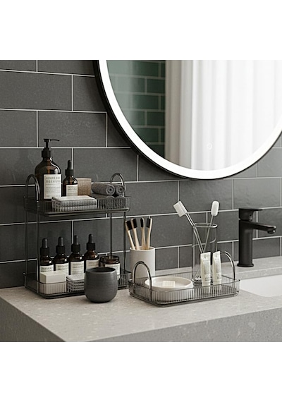 Banyo Düzenleyici Organizer Banyo Rafı Duman Gri, Tek + İki Katlı Set Açık Ahşap