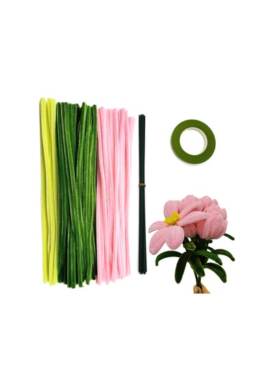 100 Adet 3'lü Şönil Seti Soft Pembe 45 , Haki Yeşil 45 Ve Sarı 10 Çiçek Teli Ve Çiçek Bandı