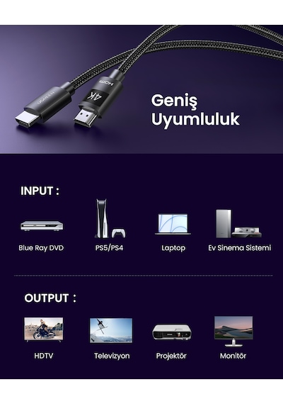 Ugreen 4k 60 Hz Hdmı 2.0 Örgülü Görüntü Aktarma Kablosu 5 Metre, 40103