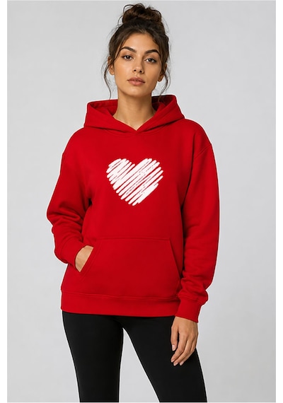 Herkesemoda Kırmızı Kalp Baskılı Kapüşonlu 2 İplik Şardonlu Sweatshirt Kırmızı