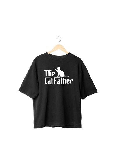 Panda Baskı Tekstil The Cat Father Baskılı Oversize Tshirt Siyah