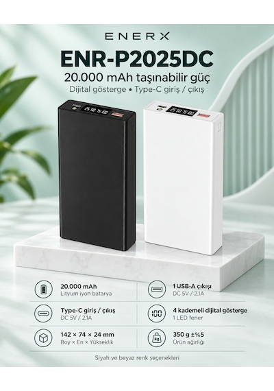 Enerx Enr-p2025dc 20.000 Mah 2.1a Led Göstergeli Powerbank Beyaz