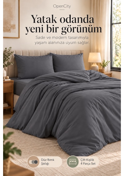 Çift Kişilik Antrasit Nevresim Takımı 4 Parça Düz Renk 180x220 Nevresim 180x240 Çarşaf 2 Yastık Klf