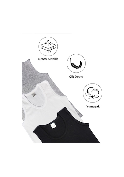 Alya Underwear Erkek Çocuk Pamuk Ribana Atlet Oval Yaka 3'lü Paket Beyaz,siyah,gri-t01