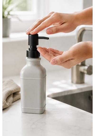 Aura Cam Sıvı Sabunluk 400 Ml Siyah Pompalı Modern Dekoratif Banyo Ve Mutfak Dispenseri - 19,5 Cm X 6 Cm X 6 Cm Gri