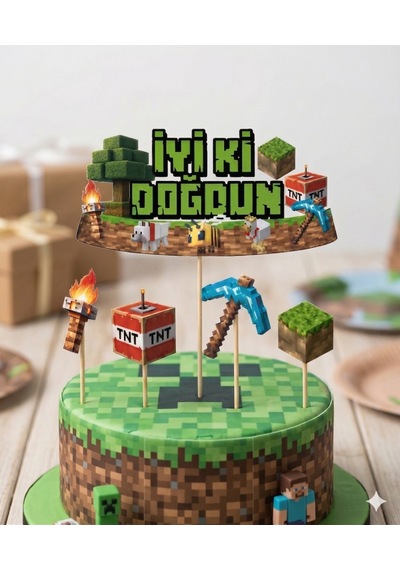 Minecraft Temalı Pasta Kürdan Seti 5'li Doğum Günü Pasta Süsleme Dekoru