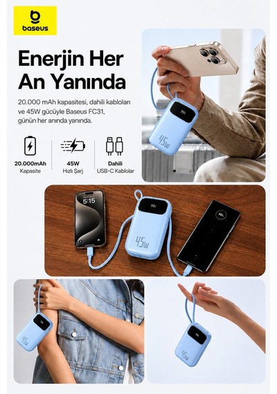 Tr Enerfill Fc31 Dijital Ekranlı Hızlı Şarj Powerbank Dahili Çift Usb-c Kablo 20000mah 45w - Mavi