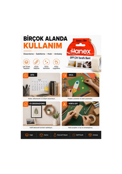By Hanex Opp Çift Taraflı Bant 36 Mm X 20 M Güçlü Yapışkanlı Şeffaf Montaj Ve Sabitleme Bandı