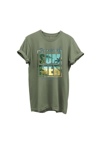 Dream Of Summer Yazılı Palmiye Ve Sahil Temalı %100 Pamuk Regular Fit Unisex T-shirt Haki