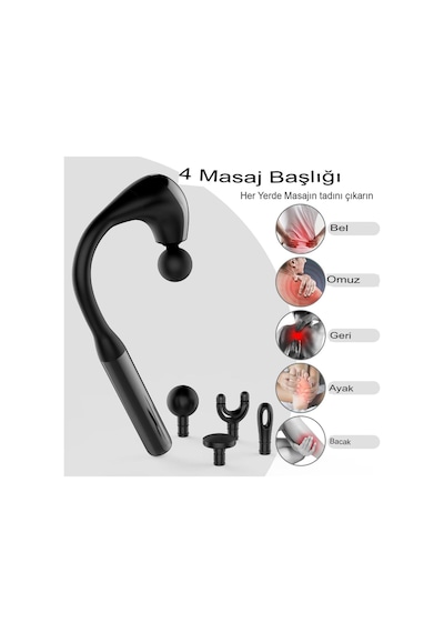U Şeklinde Derin Doku, Boyun Ve Omuz Sırt Bel Uzatılmış Sap Masaj Tabancası Masaj 4 Başlık Ve 5 Mod Siyah