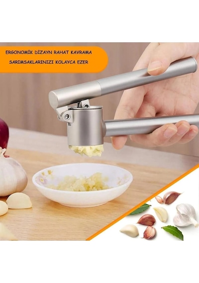 Paslanmaz Çelik Koncıs Sarımsak Ezici - Pratik Lüks Hazneli Sarımsak Ezeceği - Yuvarlak Gri Ezecek
