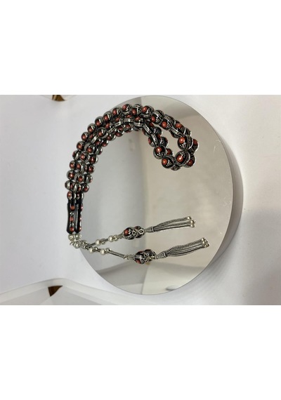 Tesbih Tsbh0109bc 925 Ayar Gümüş Püsküllü Gümüş-mercan İşlemeli Küre Kesim Usta El İşçilikli Erzurum Oltu Tesbih